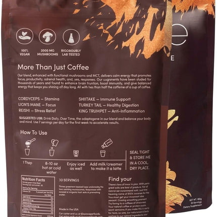 Mushroom Coffee for Better Energy and Focus | Organic 6 Adaptogenic Mushrooms Instant Blend with Lion's Mane, Turkey Tail, Chaga, MCT Oil | Clean Energy, No Jitters | Keto-Friendly | 30 Servings