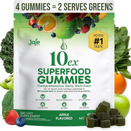 10ex Supergreens Gummies w/Probiotics. 40 Superfoods & Super Greens. 10x More Nutrients. Multivitamins & Antioxidants from Whole Foods. Healthy Snacks for Adults. Keto, Low Carb, Low Calorie Snacks.