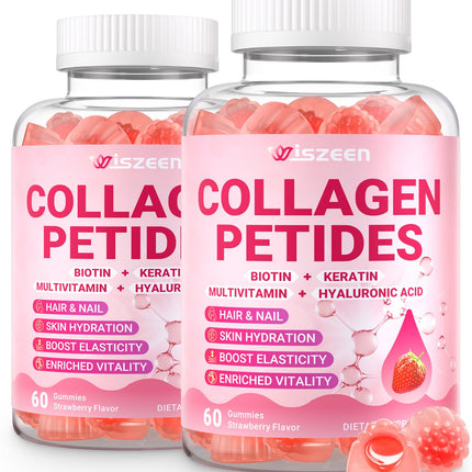 Wiszeen Collagen Gummies for Women, Sugar-Free Hydrolyzed Collagen Gummy with Type I, II, III, V, X Collagen Peptides, Biotin, Hyaluronic Acid & MultiVitamins, Promote Skin/Hair/Nail/Bones, 120 Cts