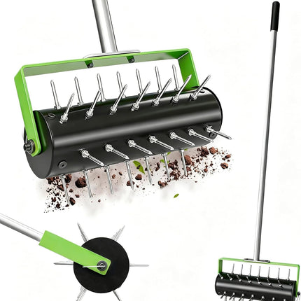 Failenfeivp Rolling Lawn Aerator Tool Heavy Duty Manual Push Aerator Lawn Tool with 42 Spikes Lawn Aerator Spike Tool for Maintaining Garden Yard Soil Health(Green,70IN)