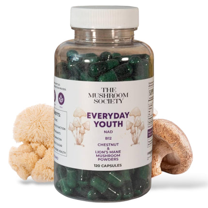 The Mushroom Society Everyday Youth - Anti-Aging Supplement - Brain & Cellular Energy Formula – Lion’s Mane, Chestnut, NAD, B12 + Beta-Glucans - 120 Vegan Capsules