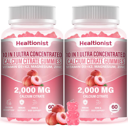 Healtionist 2 Packs 2000mg Calcium Citrate with Vitamin D3 K2 Supplements Gummies for Women & Men, Magnesium, Zinc, High Absorption, Bone, Muscle & Immune Support, 120 Counts Peach Flavor Gummies