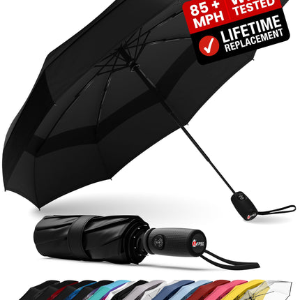 Windproof Travel Umbrella - Compact & Withstands Winds up to 85MPH, Strongest Premium Auto Folding Umbrella for Rain and Sun - Durable, Light & Portable for Women & Men, Fits Backpack & Cars