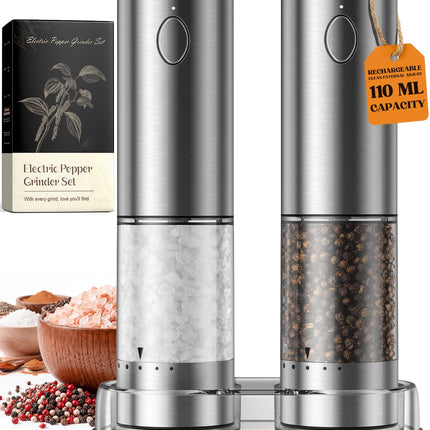 Electric Salt and Pepper Grinder Set, Rechargeable Automatic Salt and Pepper Shaker with 6 Adjustable Coarseness, Large-Capacity Pepper Mill White Elephant Gifts (Rechargeable-Stainless Steel)