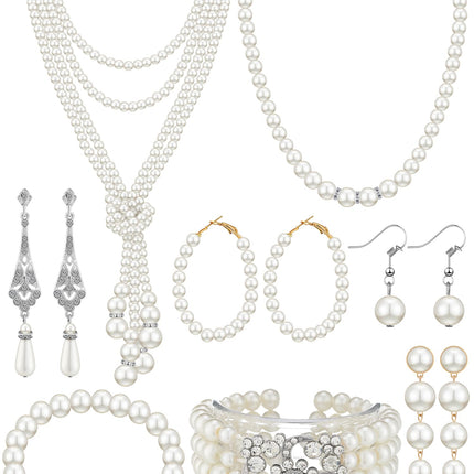 BBTO 8 Pcs Pearl Necklace and Earring Set for Women Faux Pearl Bracelet Costume Jewelry Set for Wedding Bridal Shower Party(Classic Style)