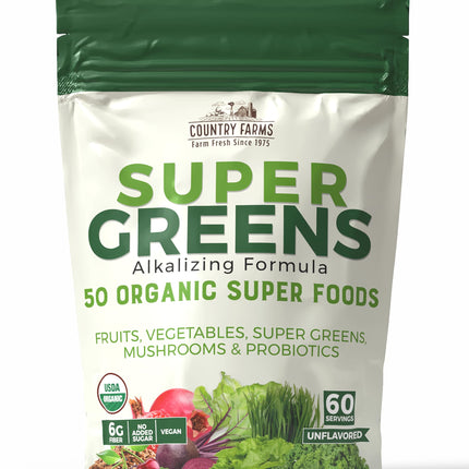 Country Farms Super Greens Natural Flavor, 50 Organic Super Foods, USDA Organic Drink Mix, Fruits, Vegetables, Super Greens, with Fiber, Mushrooms & Probiotics, Supports Energy, 60 Servings, 900g