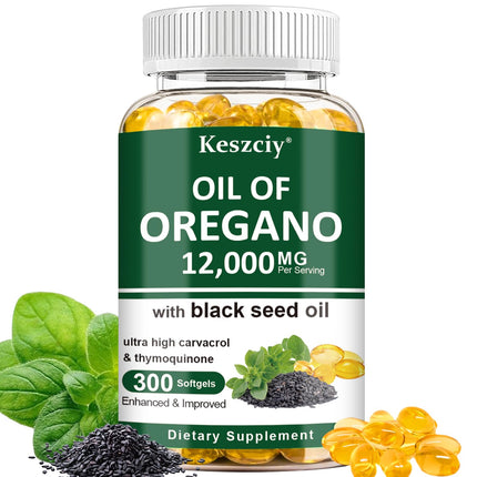 Keszciy 300 Softgels Oil of Oregano with Black Seed Oil, 2 in 1 Oregano Supplement for Immune Health, Retains High Concentrated Carvacrol & Thymoquinone, Non-GMO, 1 Pack