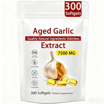 Aged Garlic Extract – 300 Count 7500mg Odorless Organic Garlic Supplement for Heart & Immune Support – Non-GMO, All-Natural Softgels, 2-Year Matured for Antioxidant Wellness (1)