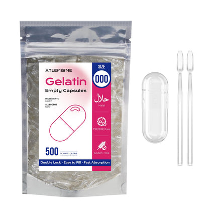 ATLEMISME Empty Gelatin Capsules Size 000 - Gelatin Capsules Empty (500 Count) Empty Capsules DIY Gelatin Capsule Filling - Gel Capsules Empty Caps with 2 Micro Lab Spoons for Capsule Filling