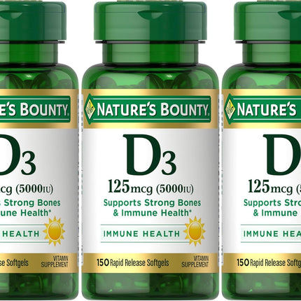 Nature's Bounty Vitamin D3 125 mcg-5000 IU Softgels, Maximum Strength 150 ea ( Pack of 3)