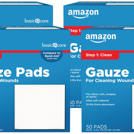Amazon Basic Care Gauze Pads, 4x4 inches, Sterile, 50 Count | Pack of 4 | For Minor Injuries | Previously All Health