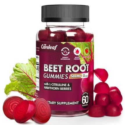 careleaf Sugar Free Vegan Beet Root Gummies for Blood Pressure, Beetroot Gummies with L-Citrulline and Hawthorn Extract, Peach Flavor Beet Chews for High Blood Pressure, 60 Count