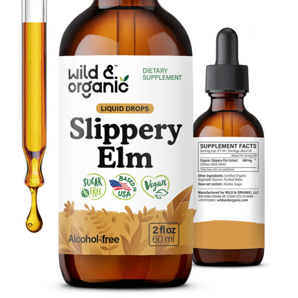 Wild & Organic Slippery Elm Drops - Lung, Digestive & Women's Support - Slippery Elm Bark Tincture - Add to Tea Liquid Extract - Ulmus Rubra Supplement - Vegan, Sugar & Alcohol-Free - 2 fl oz