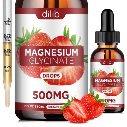 dilib Magnesium Glycinate Supplement, Liquid Magnesium Glycinate Liquid Drops 500mg-Support Stress Relief, Relaxation, Mood, Sleep, Bone & Muscle-2 Fl Oz, Vegan, Strawberry Flavor
