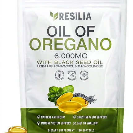 Resilia Softgels with Black Seed Oil 6000mg – Organic Oregano Oil Capsules for Immune & Digestive Support – Non-GMO, Gluten-Free Softgels – Natural Herbal Wellness Supplement (180 Count)