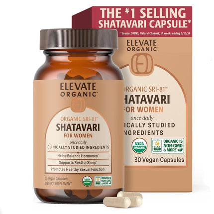 ELEVATE ORGANIC SRI-81™ Shatavari Vegan Capsules for Women, Asparagus racemosus Root Extract with Acti Veda™ (30 Servings)