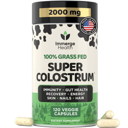 Immerge Health Super Colostrum Capsules - 120 Count High IgG Bovine Supplement for Gut Health, Hair Growth, Bloating & Immunity - 100% Grass Fed First Milking, Tasteless & Travel Friendly, USA Made