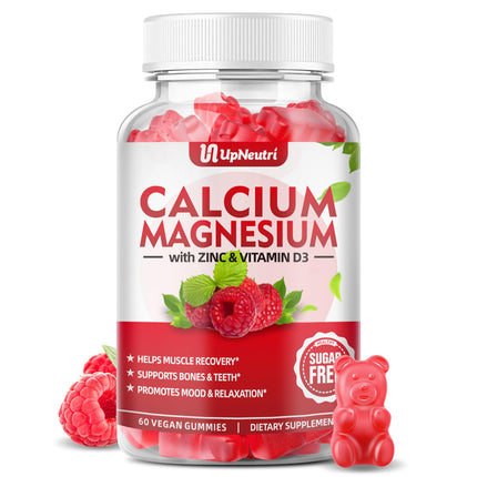 UPNEUTRI Calcium Magnesium Zinc with Vitamin D3 Supplement, Sugar Free Calcium Gummies for Women Men, High Absorption Zinc Gummies for Bone & Muscle & Immune Health, Vegan Raspberry Flavor - 60 Count