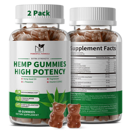 2 Pack Hemp Gummies for Sleep, Stress, Relax & Calm, High Potency Extra Strength with Magnesium, Vitamins, Pumpkin Seed, Ashwagandha, GABA, L-Theanine, Pineapple Flavor, 120 Bears Gummies, Vegan