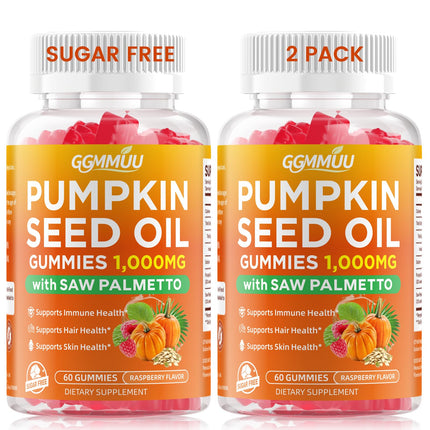 2 Pack Pumpkin Seed Oil Gummies with Saw Palmetto, 1000mg Per Serving Pumpkin Seed Oil Supplement for Hair Growth, Skin Health, High Pure Extract for Women & Men, Raspberry Flavor, 120 Count