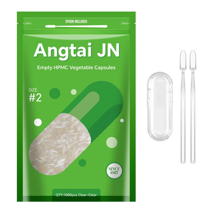 Angtai JN Empty Vegan Capsules Size 2 Plant Based Clear (1,000 Count) Gluten Free, Non-GMO, Halal Certified Pill Caps Filling Kit with 2 Spoons for Vegetarian DIY Your Own Supplements