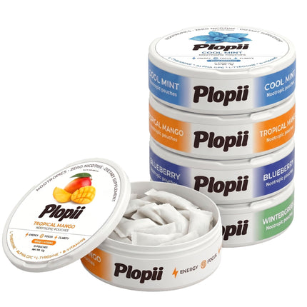 Plopii Caffeine Focus & Energy Nootropic Pouches | Alpha GPC, L-Theanine, L-Tyrosine, Ginseng, Vitamin B6 + B12 | No Jitters, No Crash | Tobacco-Free, Nicotine-Free (Wintergreen)