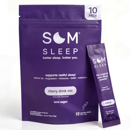 Som Sleep, Restful Sleep Powder Drink Mix w/Melatonin, Magnesium, Vitamin B6, L-Theanine & GABA – Vegan, Zero Sugar, Keto Friendly – Cherry, 10-Pack
