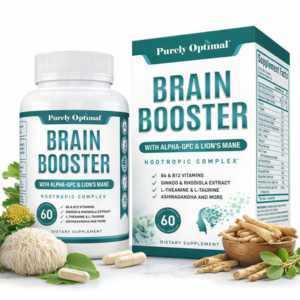 Purely Optimal Brain Booster Nootropic Supplement – Brain Support for Memory, Focus, Clarity, Jitter-Free Energy for Adults, Seniors– with Ginkgo Biloba, Alpha GPC, Lion’s Mane – 60 Capsules