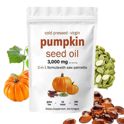 AOLBSPD Pumpkin Seed Oil Capsules with Saw Palmetto – 300 Softgels | Cold Pressed, Pure Virgin Oil | Supports Hair, Urinary, Bladder & Prostate Health | Non-GMO