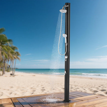 VINGLI 5 Gallon Solar Heated Outdoor Shower, 7.2 FT Height, Freestanding Outside Shower with 360° Swivel Shower Head & Foot Faucet, Hot & Cold Water Adjustment, Black