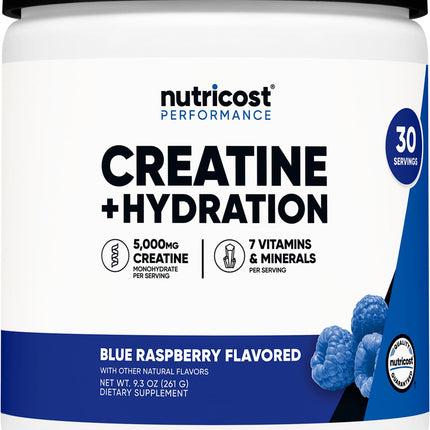 Nutricost Creatine Monohydrate + Hydration Blue Raspberry Flavored (30 Servings) - 7 Vitamins & Minerals, 5000mg of Creatine Per Serving