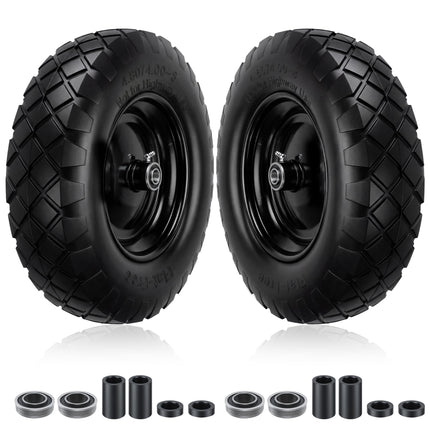 Upgraded 16" Flat Free Wheelbarrow Tire and Wheel, 4.80/4.00-8 Heavy Duty Solid Tire with 5/8" & 3/4" Bearings, 3"-7" Adjustable Hub - Universal for Wheelbarrows, Garden Trailer/Hand Truck - Black