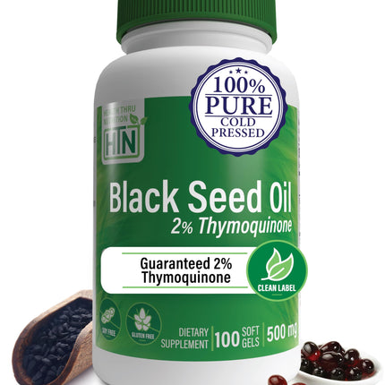 Health Thru Nutrition Black Seed Oil 500mg 100 Softgels | High Potency 2% Thymoquinone | 3rd Party Tested | Pure Cold Pressed | Organically Grown | Non-GMO, Gluten Free, Soy Free
