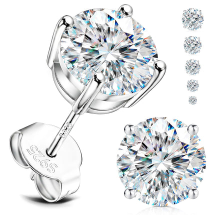 EIoways Moissanite Stud Earrings, D Color VVS1, Sterling Silver, Push Back, 3-7mm, for Women and Men (Round Silver, 4mm-0.48CTW)