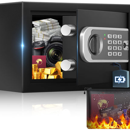 [UPGRADED] Small Safe Box for Home, 0.30 Cuft Mini Safes with Fireproof Waterproof Bag, Digital Money Safe with Programmable Keypad Spare Keys, Security Cash Box for Money Valuables