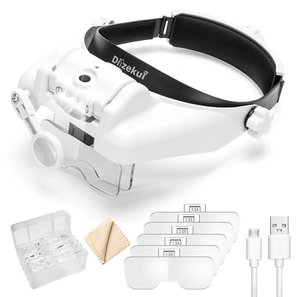 Dilzekui Headband Magnifying Glass with Light, Rechargeable Head Magnifying Glasses 1X to 14X, Magnifier Headset with 6 Detachable Lens, Hands Free Head Mount Magnifier for Close Work Jewelry Crafts