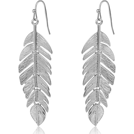Floating Feathers Dangle Earrings - Silver Tone Long Hanging Leaf Drops