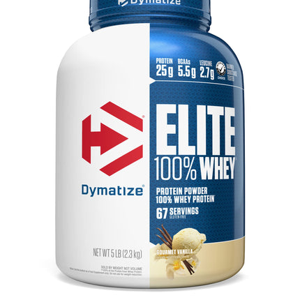 Dymatize Elite 100% Whey Protein Powder, Vanilla, 25g of Protein, 5.5g BCAAs, Less Than 140 Cal., Gluten Free, 2g Carb, 2g Sugar, 3g Fat (67 Servings)