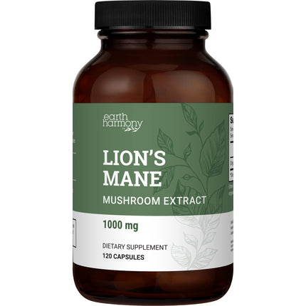 Earth Harmony Naturals Organic Lions Mane Supplement (1000mg), 2-Month Supply Lion's Mane Mushroom Supplement Extract to Support Focus, Memory (120 Capsules)