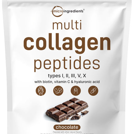Micro Ingredients Multi Collagen Peptides Powder, 2lb | Type I, II, III, V, X + Biotin, Vitamin C & Hyaluronic Acid | Chocolate Flavor | Supports Hair, Skin & Joint Health | Keto, Non-GMO