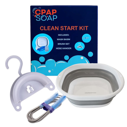 CPAP Soap Clean Start Kit - Wash Basin, 2-Piece Cleaning Brush Set with Flexible Soft Bristles, and Hose Hanger with Suction Cup, for Cleaning and Drying Hoses and Accessories
