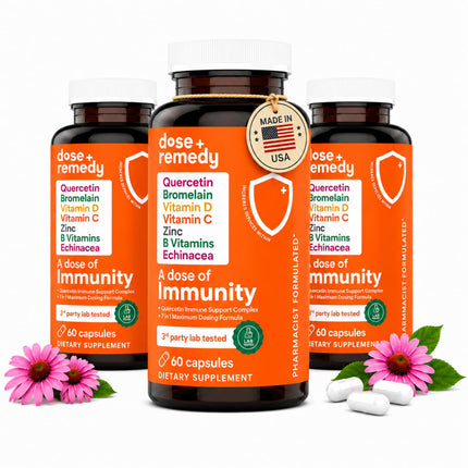 A Dose of Immunity - 7 in 1 Quercetin 500mg Supplement with Bromelain, Zinc, Vitamin C, Vitamin D & Vitamin B Complex Echinacea Immune Support Booster Supplements - 180 Count (3 Pack)