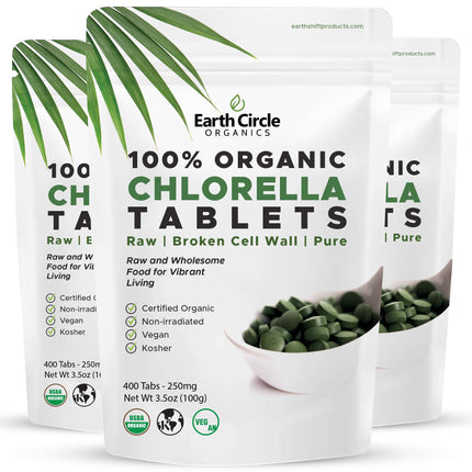 Earth Circle Organics Organic Chlorella Tablets 400 Count – Pure Chlorella Pyrenoidosa – Broken Cell Wall – Vegan, Non-GMO, Kosher – Green Algae Superfood Tablets – Pack of 3