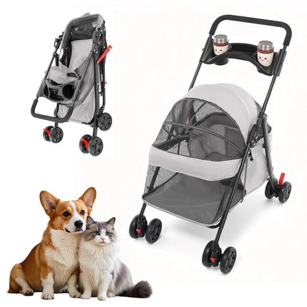 Pet Stroller for Small Medium Dogs Cats, Lightweight Foldable Pet Wagon with 360° Front Wheels & Brake, 40 lbs Capacity Carrier for Park Travel Shopping, Breathable Mesh Basket (Light Gray)