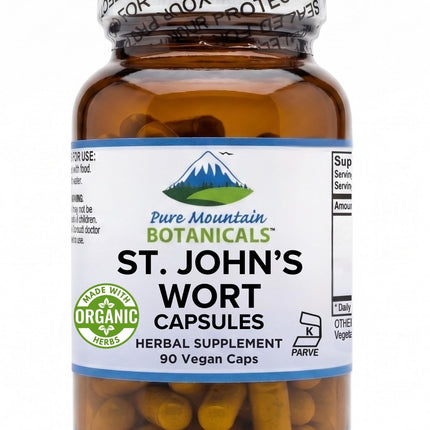 Pure Mountain Botanicals St. John's Wort Capsules - 450mg Organic Herb and Extract - Standardized to 3% Hypericin - 90 Capsules - Mood Support Supplement