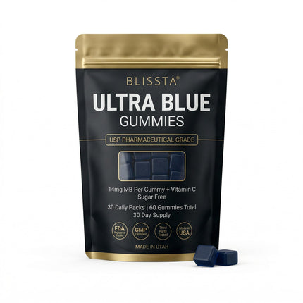 Blissta Ultra Blue Methylene Blue Gummies, USP Pharmaceutical Grade Chewable with Vitamin C, Cellular Energy, Focus & Mitochondrial Support, No Dropper, No Mess, Third-Party Lab Tested