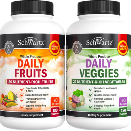 Daily Fruits and Veggies Supplement for Women and Men - 47 Whole Food Fruits and Vegetables - Diverse Natural Balance of Vitamins Minerals and Noni - 180 Fruit Capsules, 180 Veggie Capsules (2 Pack)