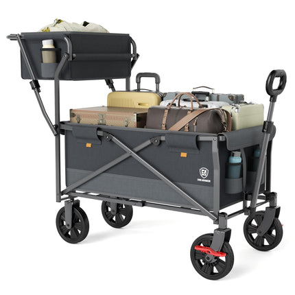 EVER ADVANCED Collapsible Push & Pull Shopping Cart with Wheels & Brakes, Foldable Wagon for Groceries with Practical Basket, Side Pockets & Cup Holders, Beach Utility Rolling Cart for Camping, Grey