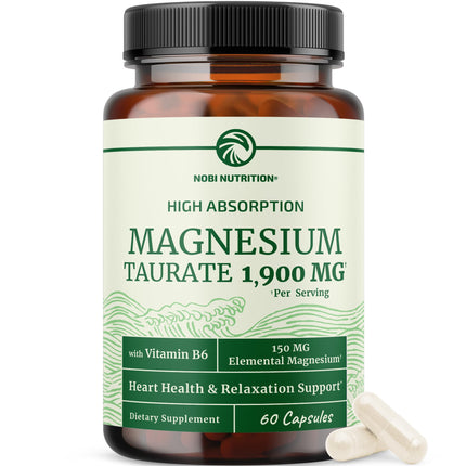 Magnesium Taurate 1900MG | Heart Health and Relaxation Support | 150MG Elemental Magnesium Per Serving | High Absorption Mag Taurate with Vitamin B6 + Black Pepper | Non-GMO | 60 Ct (1 Month Supply)