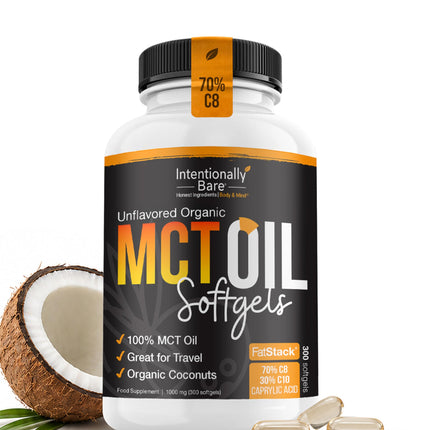 Intentionally Bare Organic MCT Oil Capsules -70% C8 and 30% C10 MCT Supplement- Clean Energy, Brain Health, Mood & Focus -Coconut C8 Pills for Low Carb, Keto & Paleo & Great for Travel-300 Soft Gels